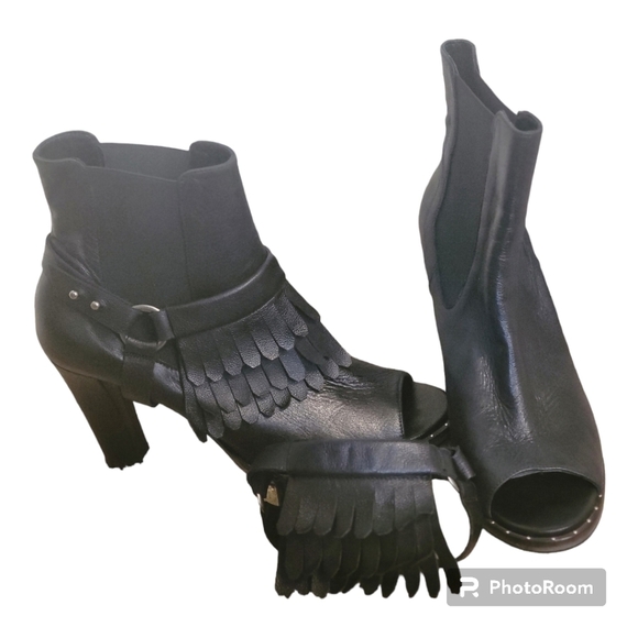 Freda salvador BLACK LEATHER HARNESS FRINGES OPEN TOE ANKLE BOOTS WOMEN’… - Picture 15 of 16